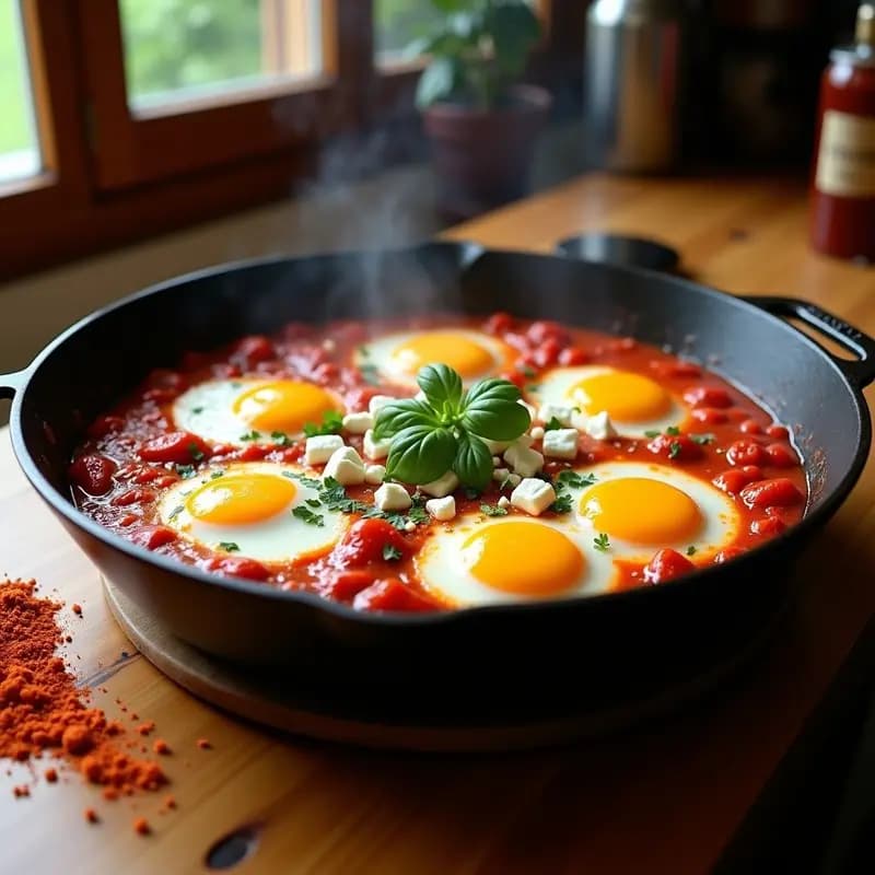 Shakshuka con Huevos de Codorniz y Pimientos Asados: Receta Tunecina en Sartén