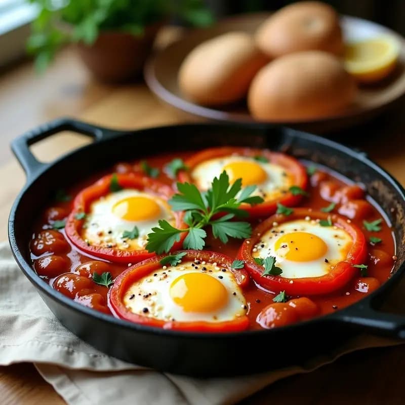 Shakshuka Tunecina con Huevos y Pimentones: Desayuno o Cena en una Sartén
