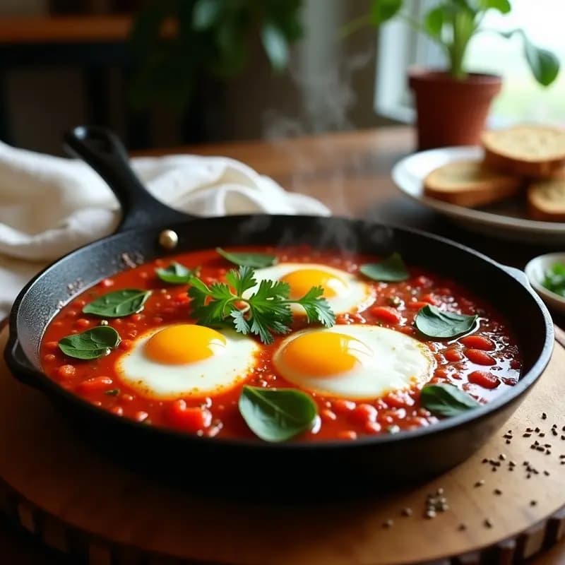 Shakshuka con Huevos Poché y Espinacas: Receta Norteafricana en Sartén para Desayuno