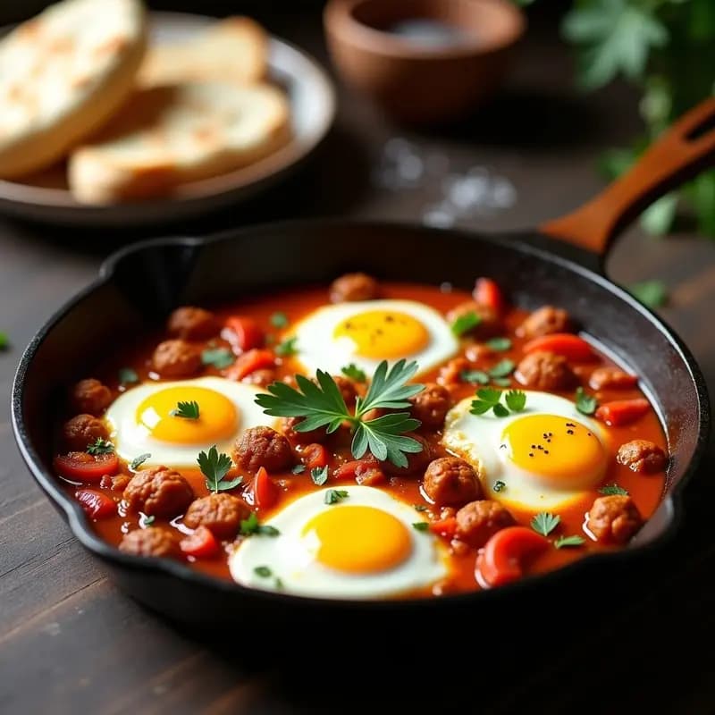 Shakshuka con Huevos Poche y Merguenza: Receta Tunecina Picante para Desayunar
