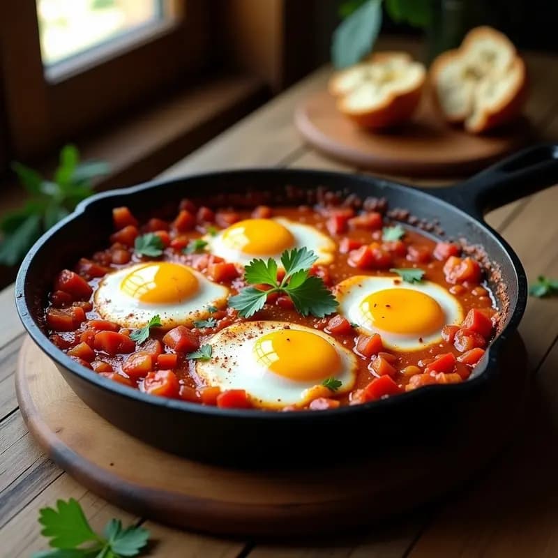 Shakshuka con Huevos Poché y Meridiana: Receta Tunecina en Sartén de Hierro