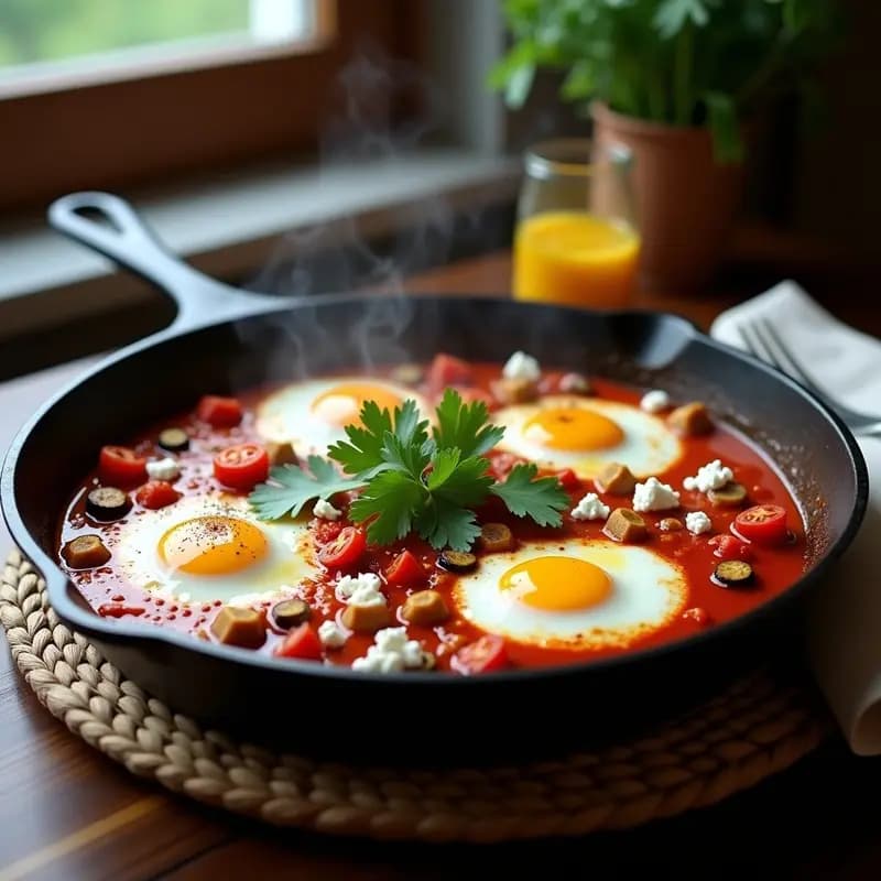 Shakshuka con Huevos Pochados y Berenjena: Desayuno Tunecino Alto en Proteína