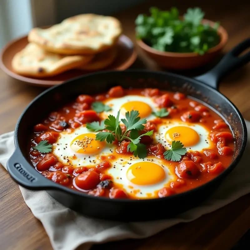 Shakshuka Árabe con Huevos en Salsa de Tomate y Pimientos: Desayuno Caliente y Sabroso