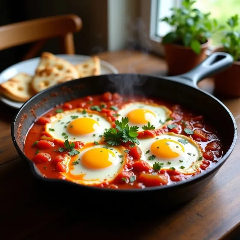 Shakshuka Tunecina: Huevos Pochados en Salsa de Tomate Picante y Pimientos