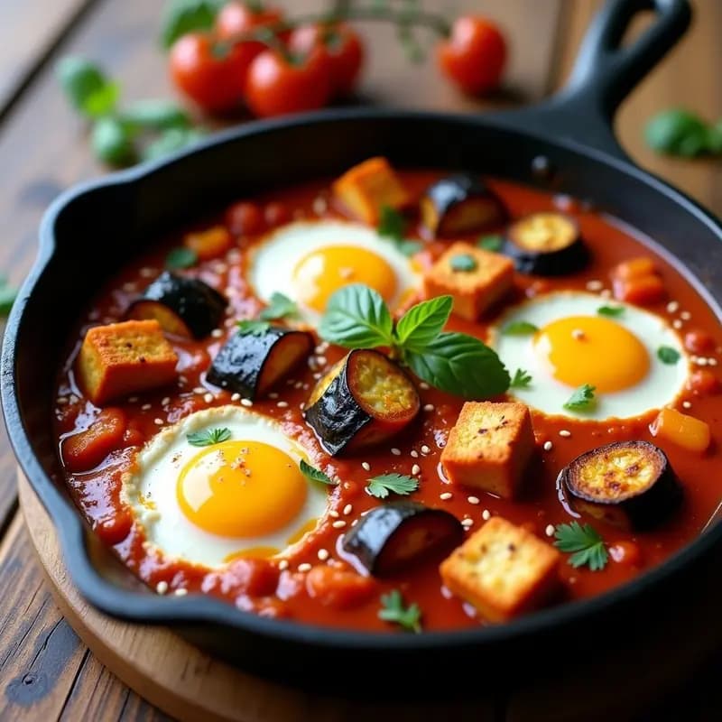 Shakshuka Israelí de Tomates Secos y Berenjena: Desayuno Vegano con Toque Ahumado