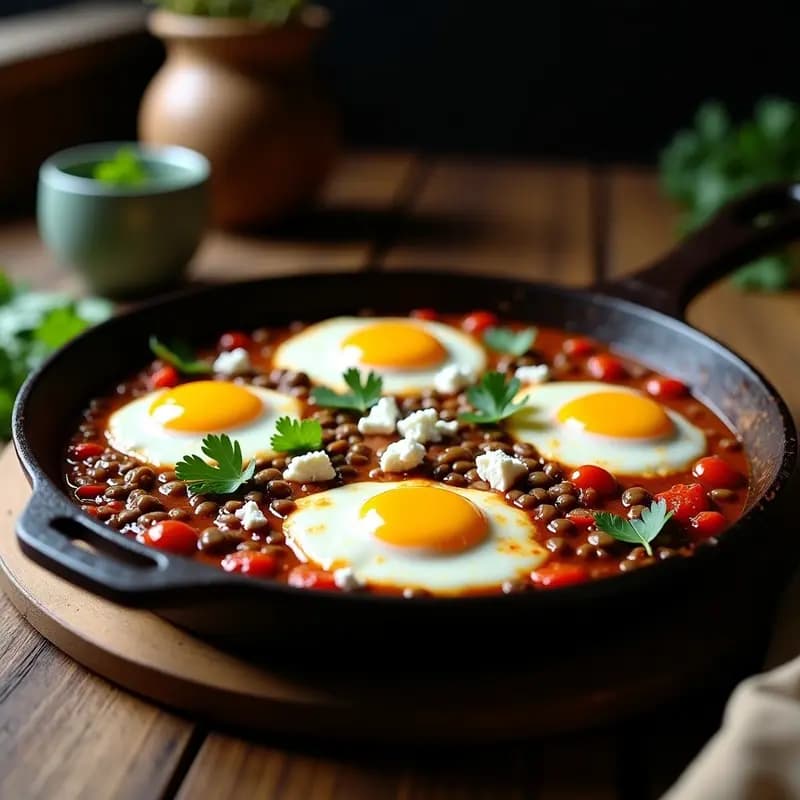 Shakshuka de Lentejas Parda con Queso Feta: Desayuno Africano Alto en Proteína