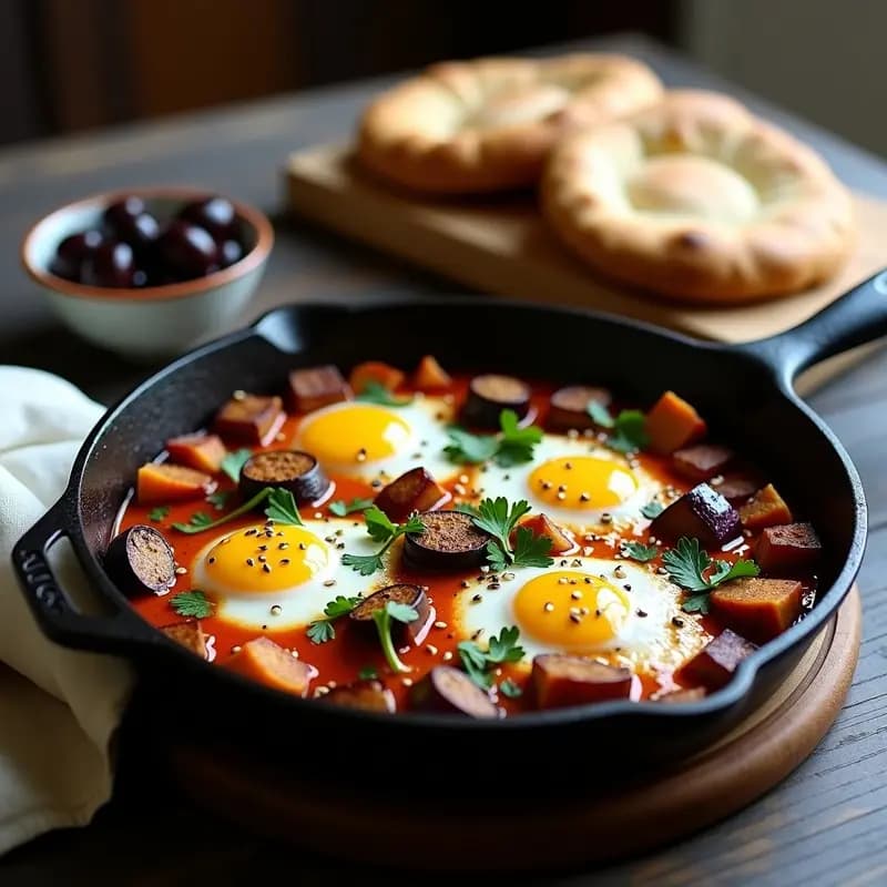 Shakshuka Libanesa con Berenjena: Desayuno o Cena en Sartén con Pan de Pita