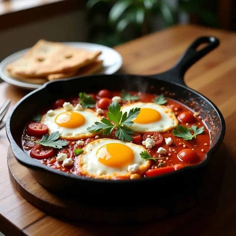 Shakshuka Marroquí con Chorizo y Queso Feta: Desayuno Picante y Reconfortante
