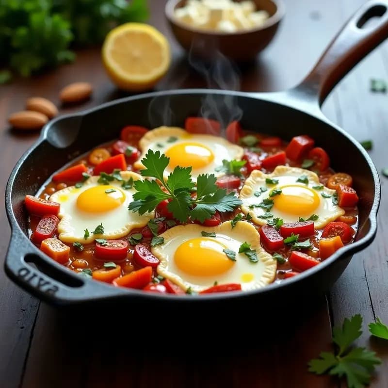 Shakshuka Marroquí con Pimientos Asados y Feta de Almendras: Desayuno Keto y Vegano