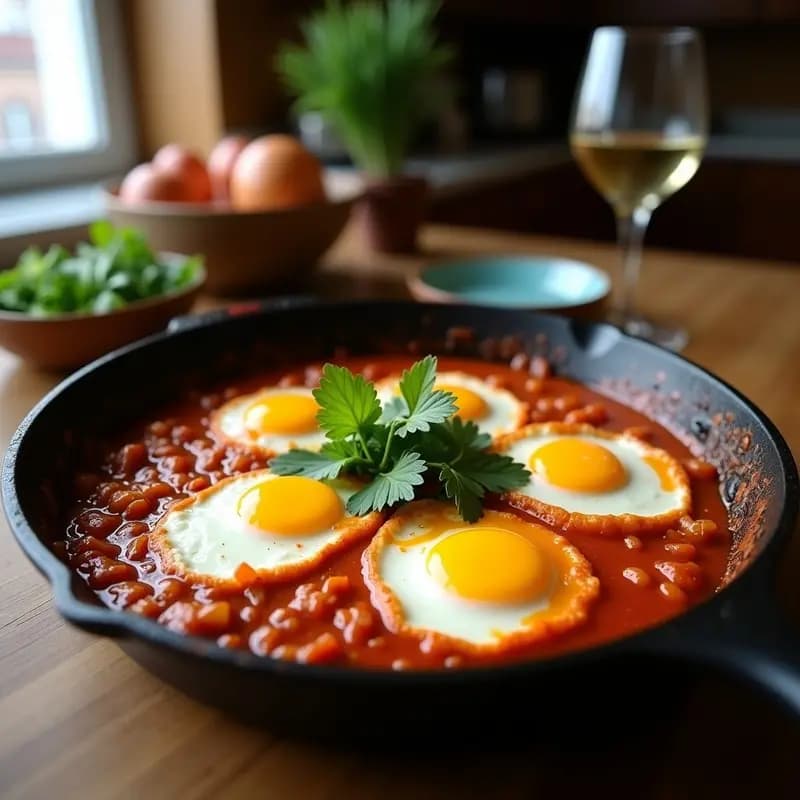 Shakshuka con Mercedes y Espinacas: Desayuno Tunecino Rico en Proteína en Sartén