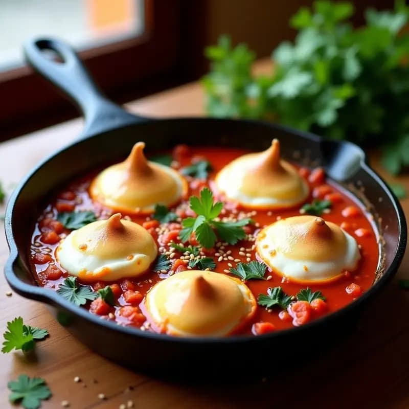 Shakshuka Marroquí con Merengue de Huevo y Espinacas: Desayuno Norteafricano en Una Sartén