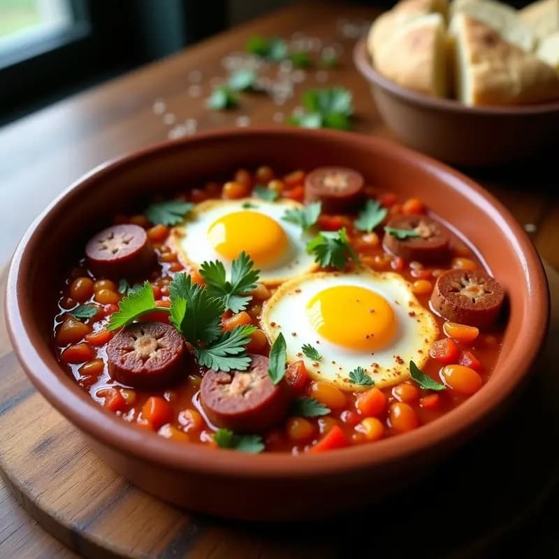 Shakshuka Tunisina con Mergez y Huevo Poché: Desayuno Picante y Proteico