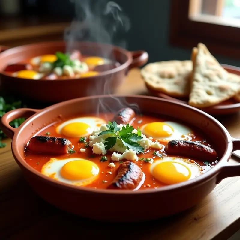 Shakshuka Marroquí con Mergez: Huevos en Salsa de Tomate y Salchicha Picante
