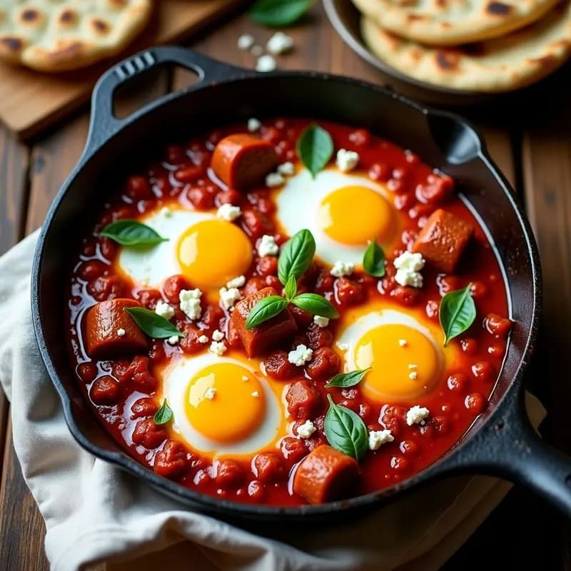Shakshuka con Merguenza y Pan de Pita: Desayuno Tunecino Picante y Energético