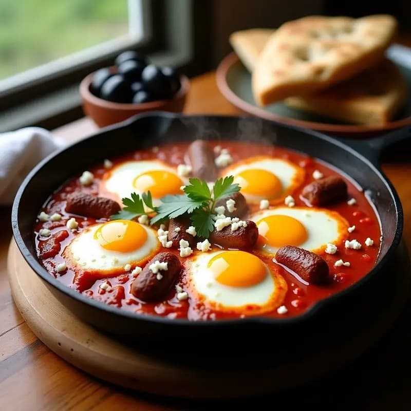 Shakshuka con Merguenza y Queso Feta: Receta Tunecina Picante para Desayunos Fuertes