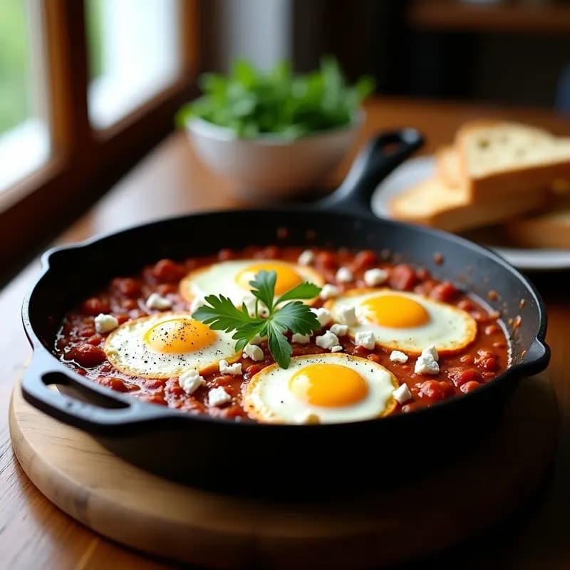Shakshuka con Merlinos y Feta: Desayuno Tunecino Alto en Proteína y Sin Gluten