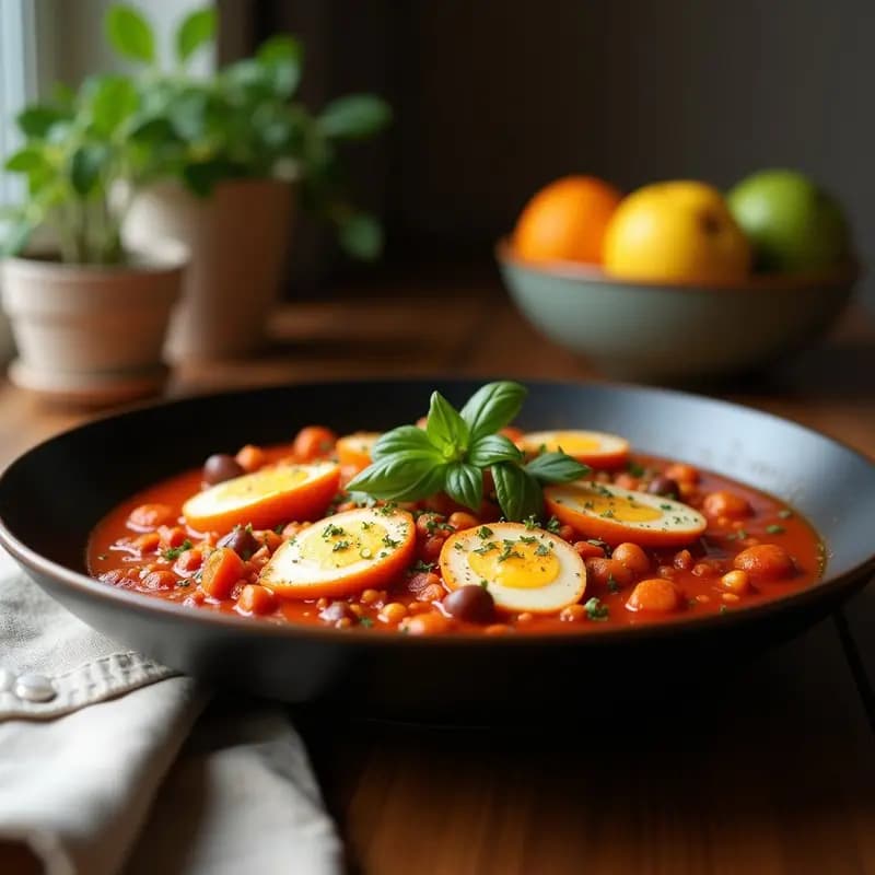 Shakshuka con Merluza y Alcachofas: Receta Árabe del Norte de África con Toque Mediterráneo