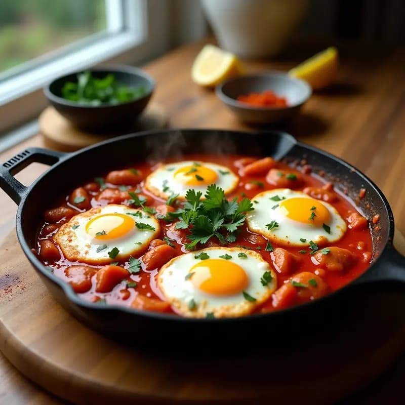 Shakshuka Tunisina con Merluza: Receta Norteafricana en una Sartén con Huevo y Tomate Especiado