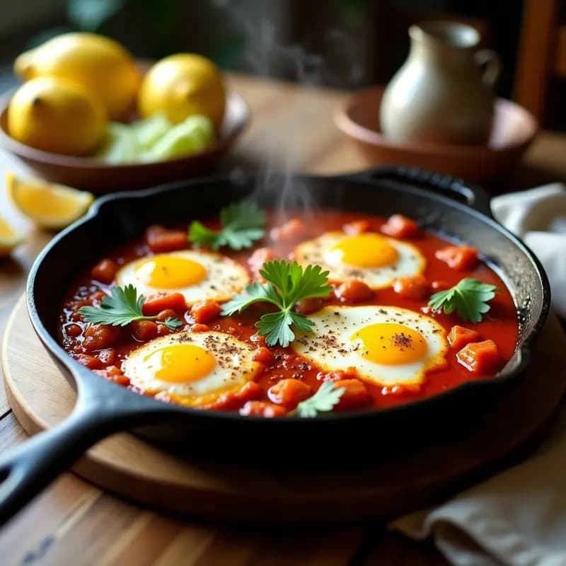 Shakshuka con Merluza: Desayuno Israelí Proteico con Pescado y Huevo