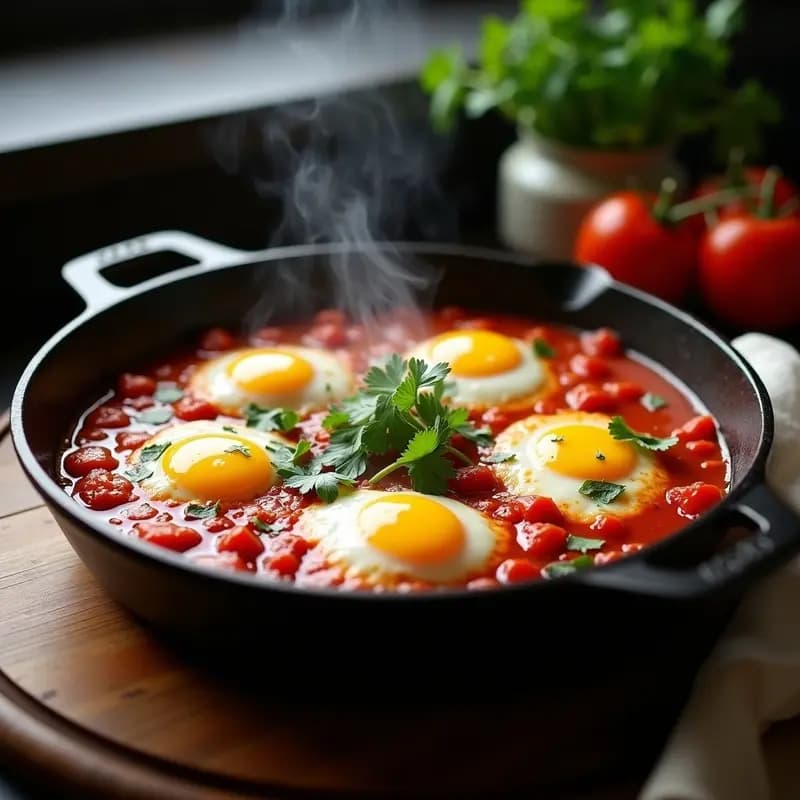 Shakshuka Tunecina con Merluza en Salsa de Tomate Picante: Desayuno Bueno en Proteína