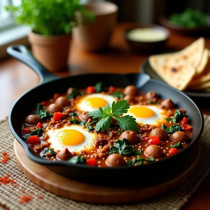 Shakshuka con Merquez y Espinacas: Desayuno Túnez-Israelí Alto en Hierro y en Sartén