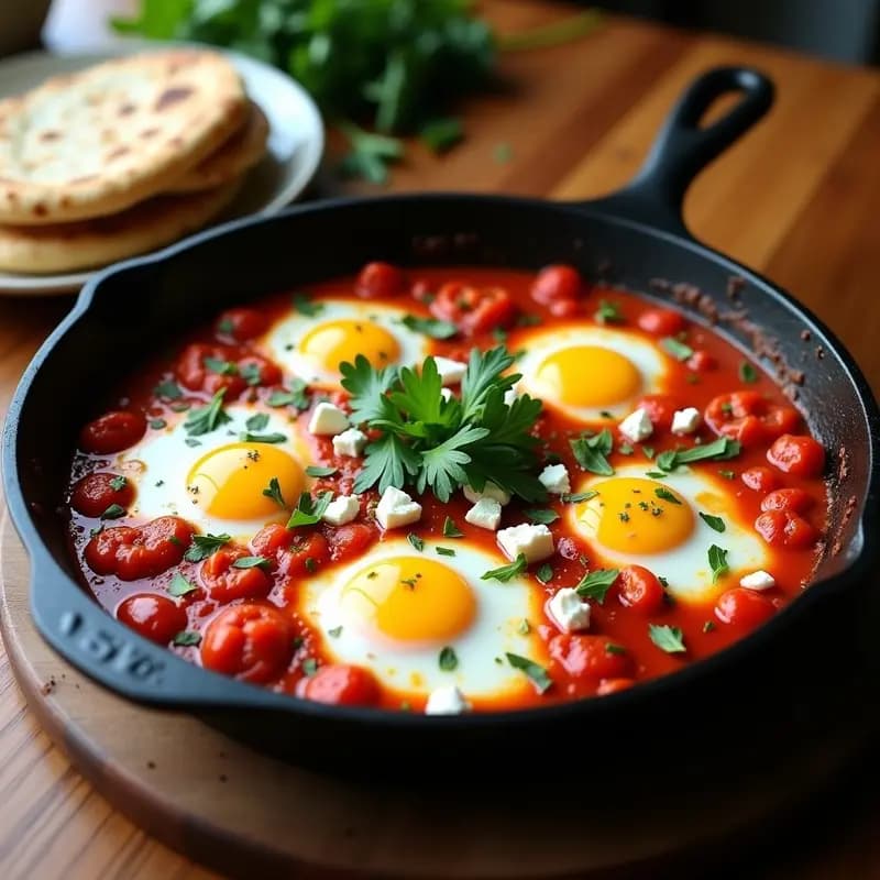 Shakshuka con Pimientos Asados y Feta: Desayuno Tunecino en Olla de Hierro