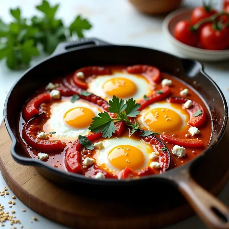 Shakshuka Tunecina con Pimientos Asados y Feta: Receta de Desayuno Alto en Proteína