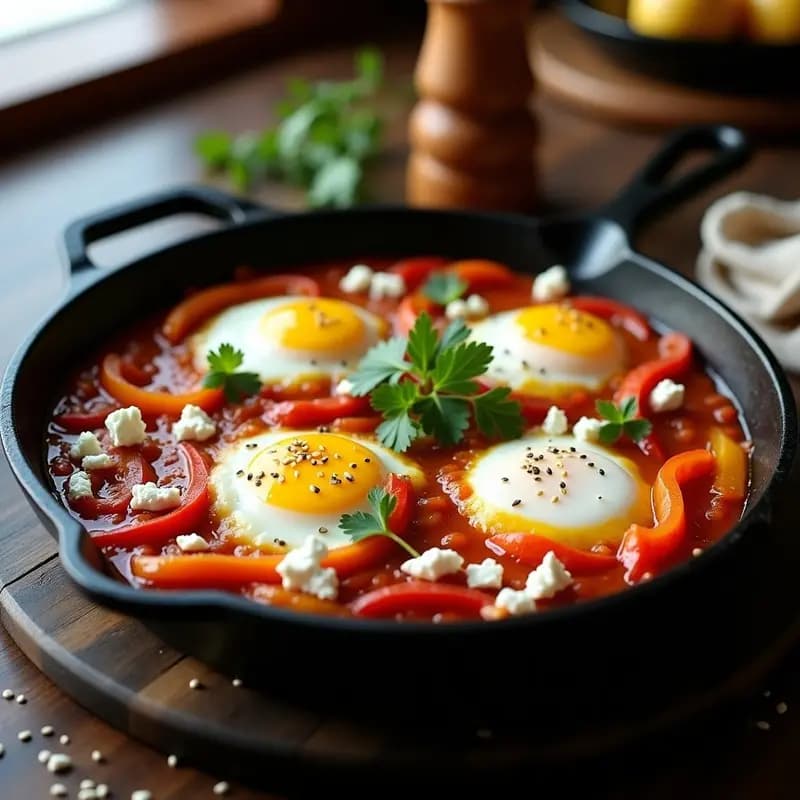 Shakshuka con Pimientos Asados y Queso Feta: Receta Norteafricana en Sartén de Hierro