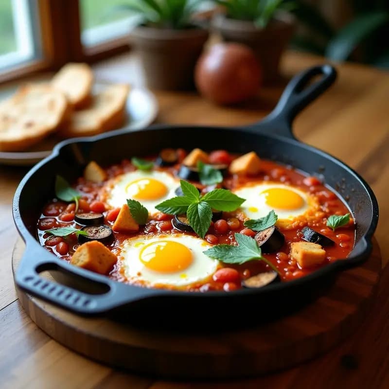 Shakshuka de Pollo y Berenjenas: Desayuno Israelí con Especias y Hierbas Frescas