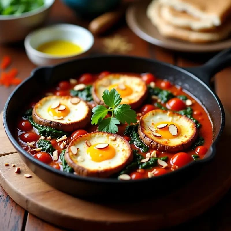 Shakshuka de champiñones portobello y espinacas: Receta marroquí vegana en sartén