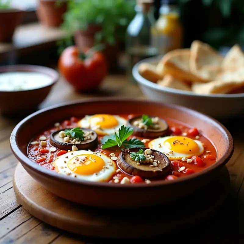 Shakshuka con Champiñones Portobello: Desayuno Tunecino Vegano con Tomates y Especias