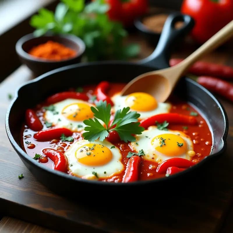 Shakshuka Roja con Pimientos Asados y Feta de Oveja: Desayuno Norteafricano en Sartén