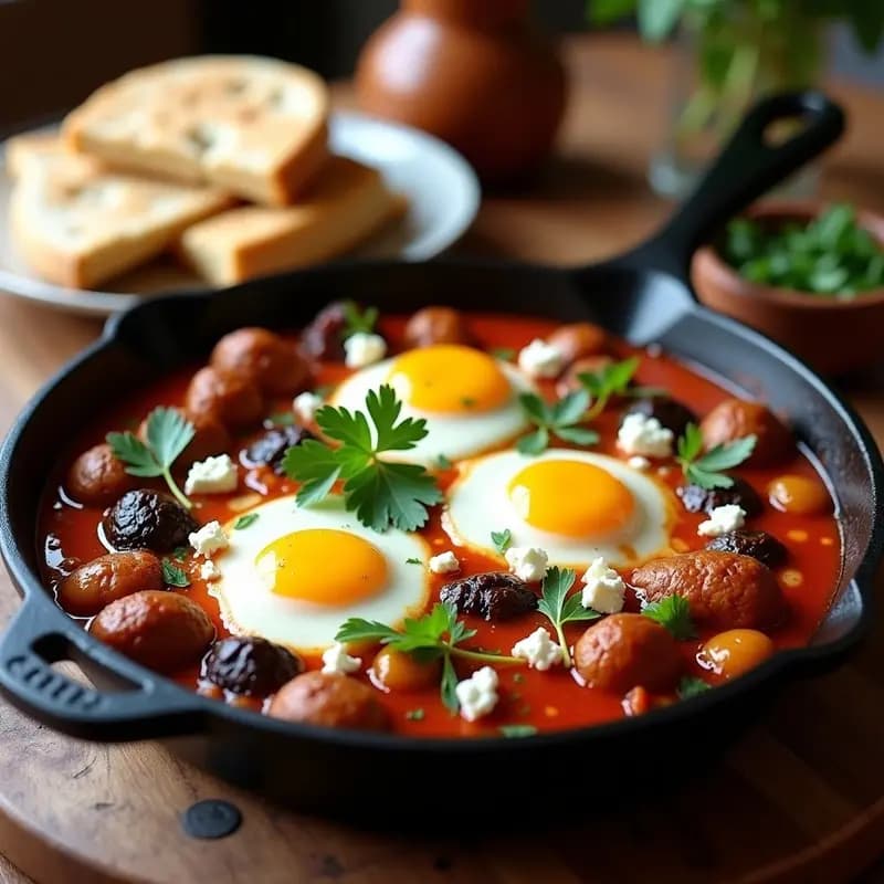 Shakshuka con Salchichas de Cordero y Berenjena: Desayuno Tunecino Proteico en Olla