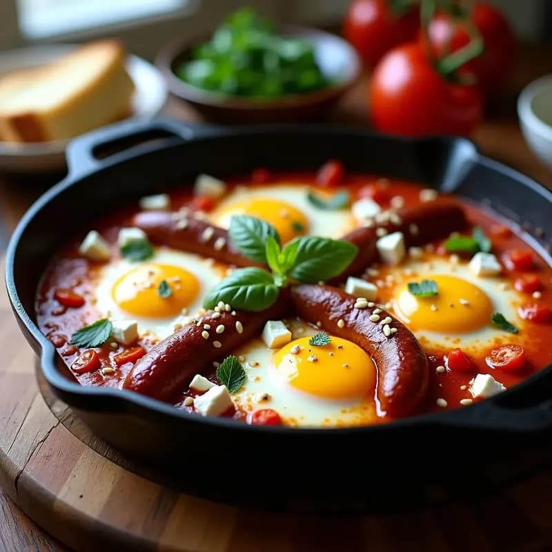 Shakshuka Turca con Salchichas de Cordero y Queso Feta: Desayuno Proteico en 15 Minutos