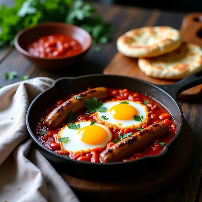Shakshuka con Salchichas de Cordero: Receta Tunecina con Huevo Poché y Pan de Pita en 25 Minutos