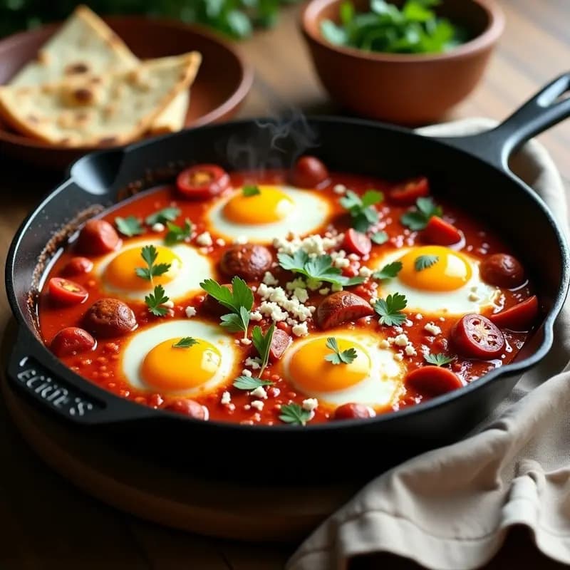 Shakshuka con Salchichas Merci y Pimientos Chipotle: Desayuno Egipcio con Toque Picante