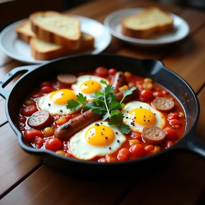 Shakshuka con Salchichas Merck y Pimentón: Desayuno Alemán con Toque Norteafricano