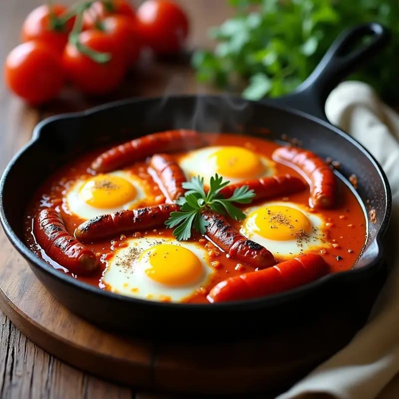 Shakshuka con Salchichas Mergez y Pimientos: Versión Túnez con Toque Picante