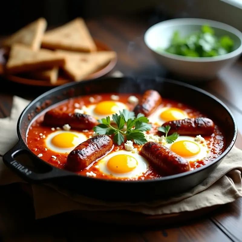 Shakshuka con Salchichas Merquez y Feta: Desayuno Túnez con Toque Picante