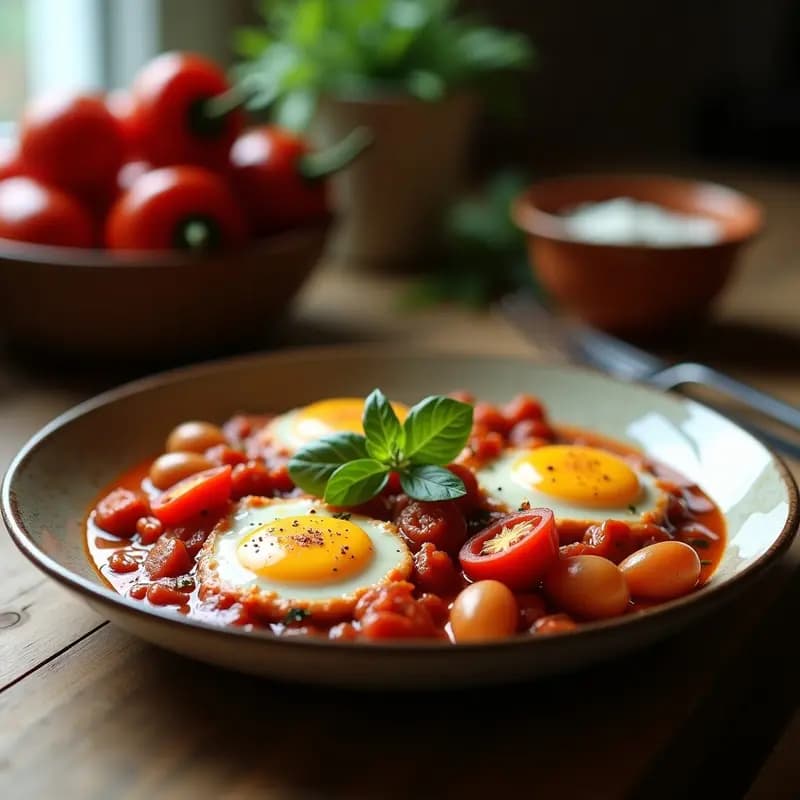 Shakshuka con Salchichas Merquez y Pimientos Asados: Desayuno Tunecino Contundente