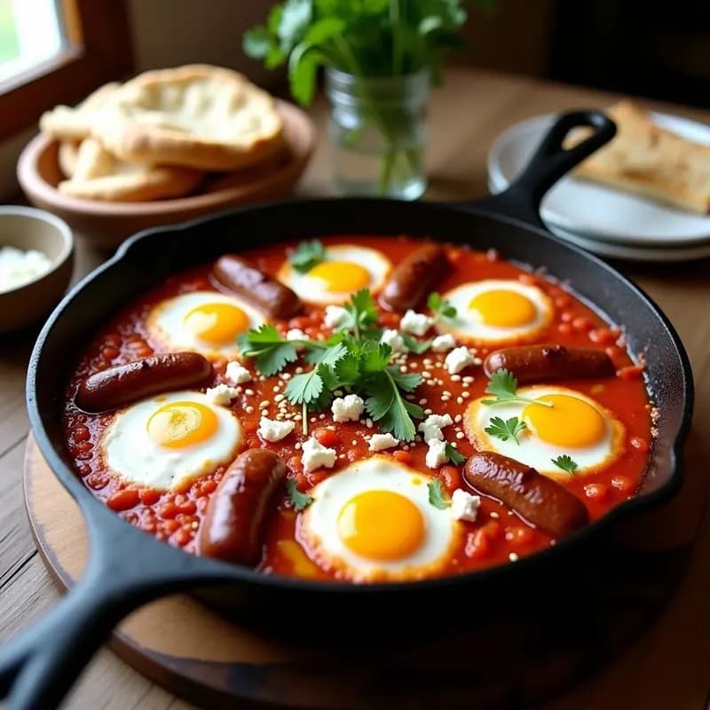 Shakshuka con Salchichas Merquez y Queso Feta: Receta Tunecina Picante en Sartén