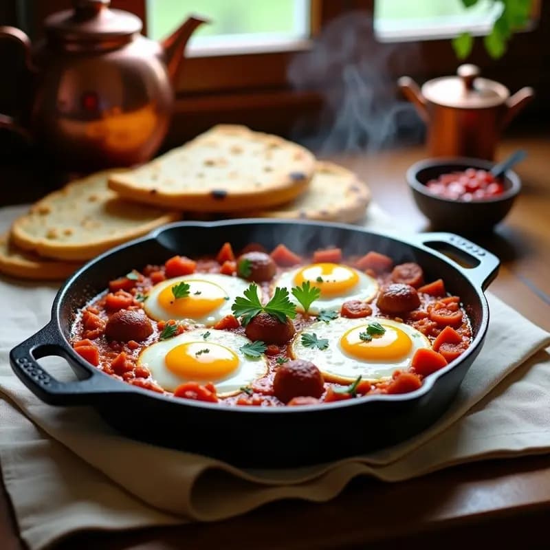 Shakshuka Tunecina con Salchichas Meruez y Pan de Pita: Desayuno Proteico en 15 Minutos