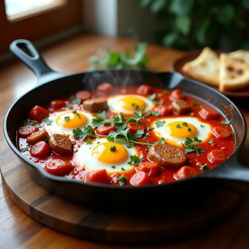 Shakshuka con Salchichas Merck y Pimientos: Desayuno Tunecino con Toque Español