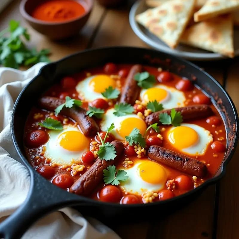 Shakshuka con Salchichas de Res y Queso de Cabra: Desayuno Norteafricano en Sartén