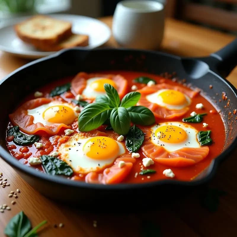 Shakshuka de Salmón Ahumado: Desayuno Norteafricano con Espinacas y Queso Feta