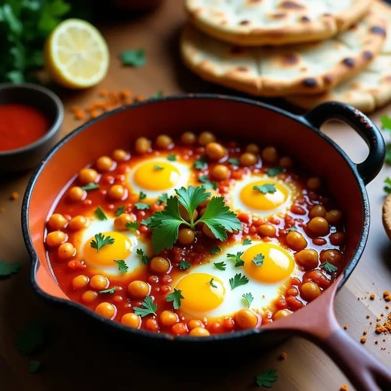 Shakshuka Marroquí con Garbanzos: Huevos de Tofu en Salsa de Tomate y Especias con Pan de Pita Integral