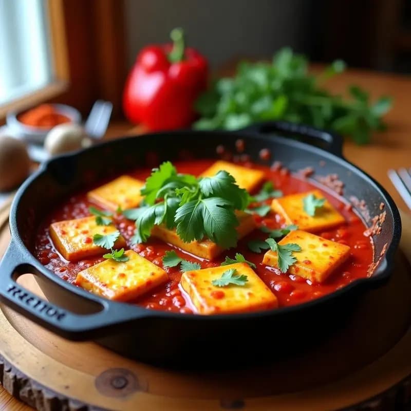 Shakshuka de Tofu y Pimientos Rojos con Queso Vegano: Receta Norteafricana en Sartén