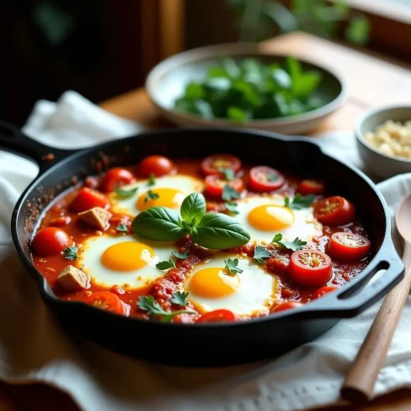 Shakshuka con Tomates Asados y Feta de Anacardos: Desayuno Tunecino Vegano en Sartén