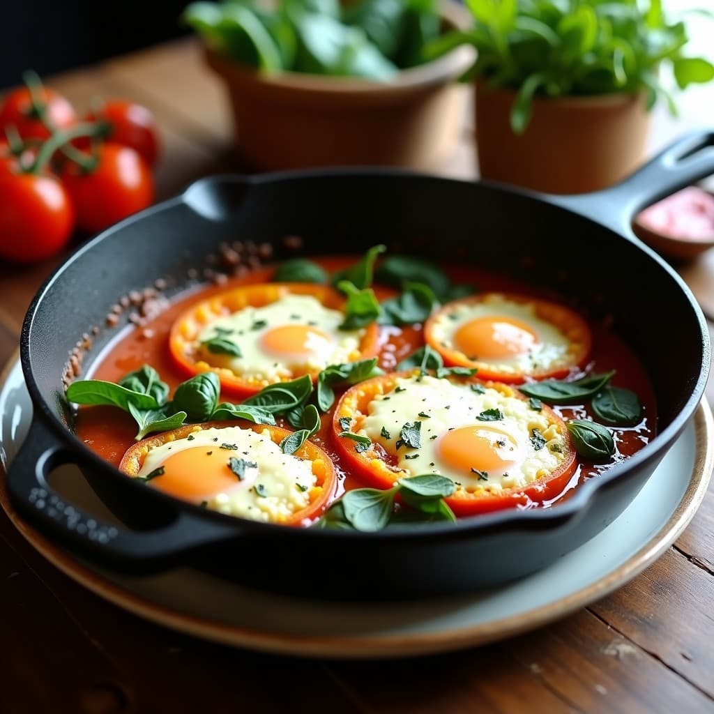 Shakshuka de Tomates Verdes y Espinacas: Desayuno Mediterráneo en Sartén Antiadherente
