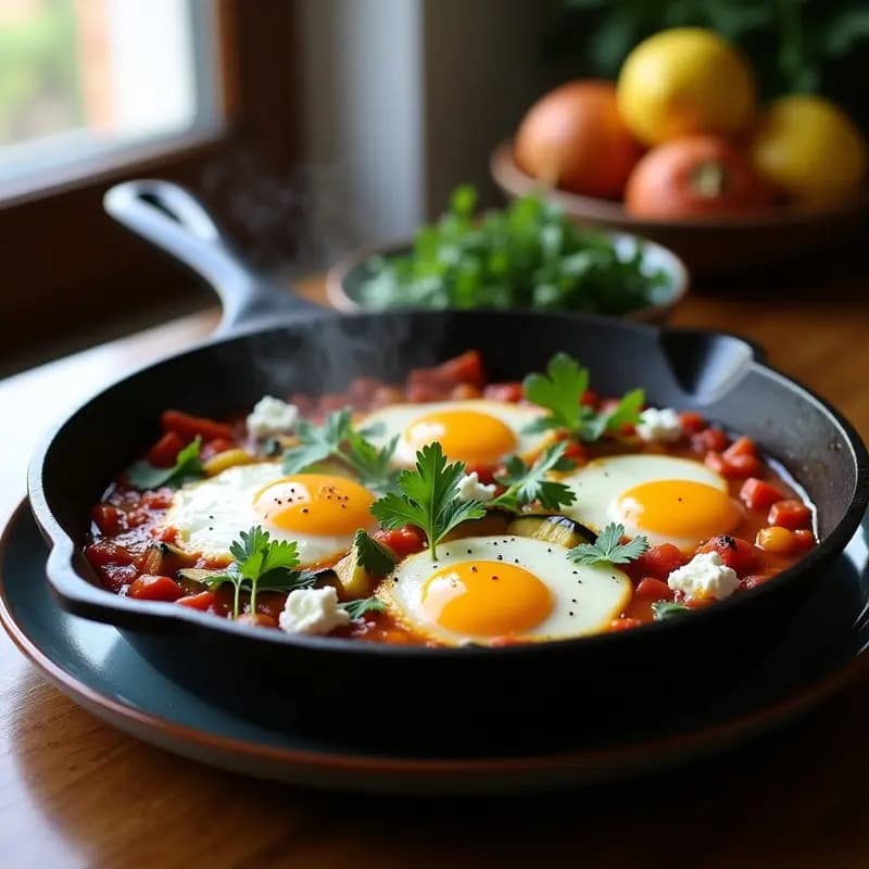 Shakshuka Tunecina con Feta y Hierbas Frescas: Desayuno Norteafricano en Una Sartén